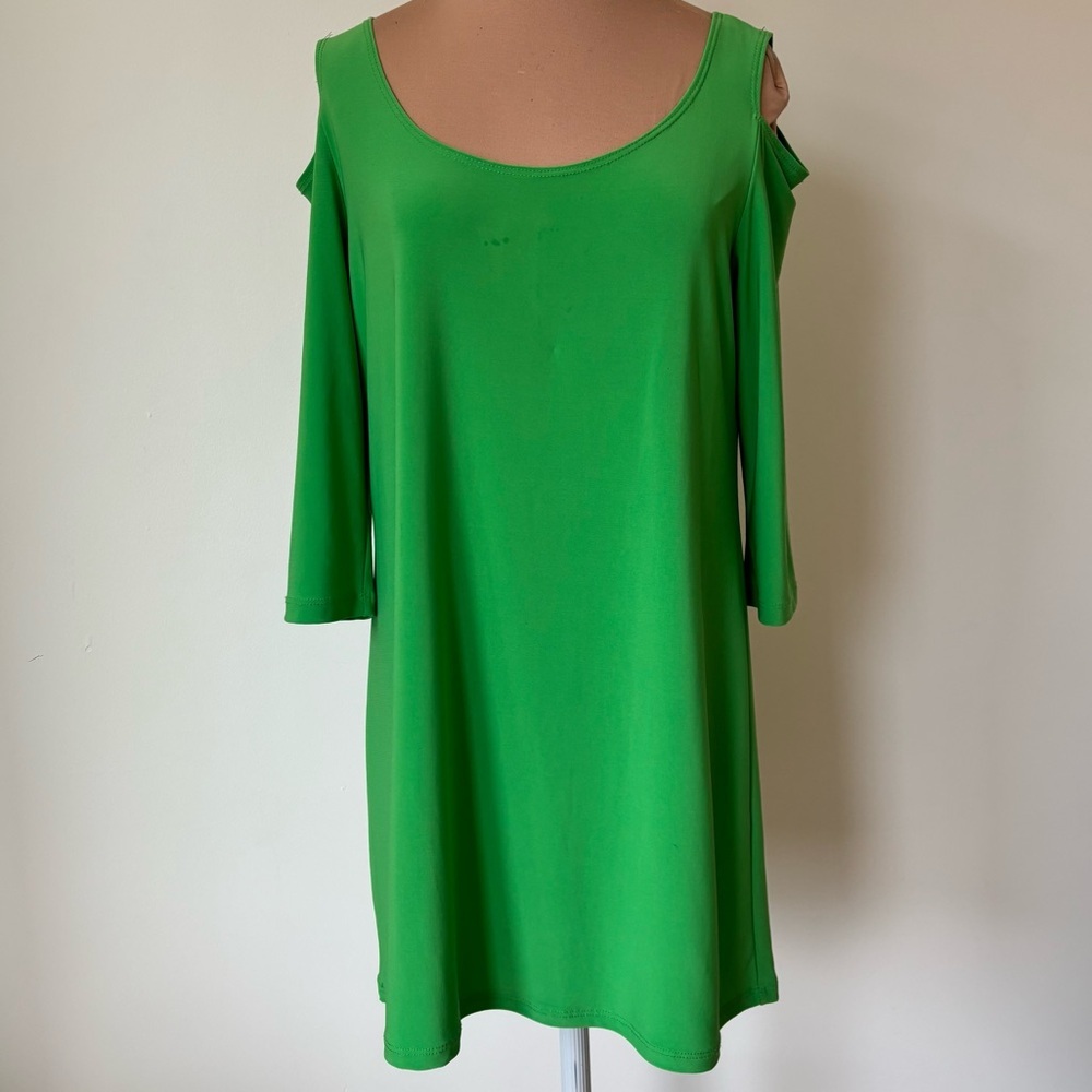 Clara Sun Woo Green Cold Shoulder Lagenlook Scoop Neck Tunic Dress EUC Size S